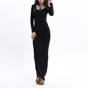 ZANZEA UK Women Ladies Long Sleeve Plain Stretch Bodycon Slim Jersey Maxi Long Dress Black  