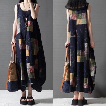 ZANZEA Vestidos Summer Women Vintage Print Dress O Neck Lantern Sleeveless Long Maxi Dresses Loose Casual Dress (Blue) - intl  