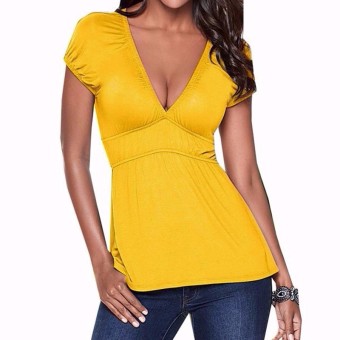 ZANZEA Women 2016 Summer Slim Fit Solid Shirts Sexy Deep V Neck Short Sleeve Blouses Casual Simple Blusas Tee Tops Plus Size Yellow - Intl  