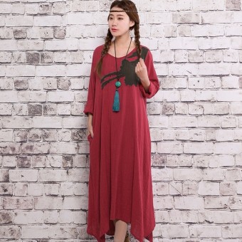 ZANZEA Women Dress Autumn Ladies Casual Loose Maxi Long Dresses Vintage Long Sleeve Irregular Vestidos Plus Size (Wine Red) - intl  