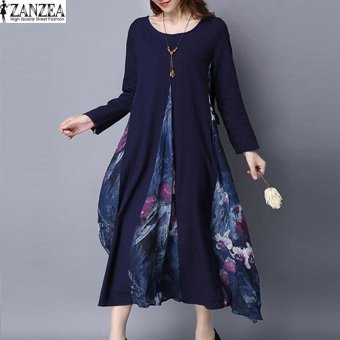 ZANZEA Women Long Sleeve Crew Neck Loose Tunic Kaftan Floral Long Maxi Dress (Navy) - intl  