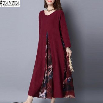 ZANZEA Women Long Sleeve Crew Neck Loose Tunic Kaftan Floral Long Maxi Dress (Wine Red) - intl  