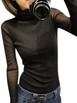 ZANZEA Women Sexy Slim Turtle Neck Gauze Long Sleeve Shirt Top Blouse (Black)  