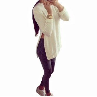 Zanzea Women Winter Long Sleeve Round Neck Side Slit Knitted Smart Jumper Pullover Long Top Sweater White  