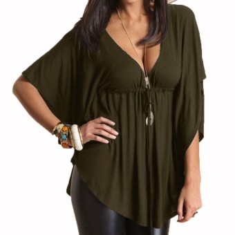 Zanzea Womens Casual Loose Sexy Deep V-neck Batwing Sleeve Tops Femininas Plus Size Tee Ladies Solid Blouses Shirts Blusas Army Green - intl  