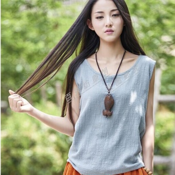 ZH Shopping Ms the loose linen cotton sleeveless vest Dark Blue - intl  