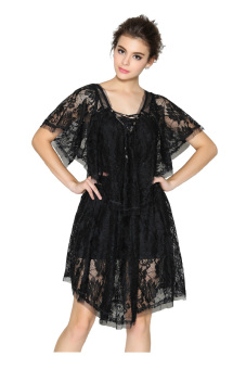 ZigZagZong Lace-up V-neck Floral Lace Women Flouncing Cocktail Party Prom Short Dress (Black) (Intl)  