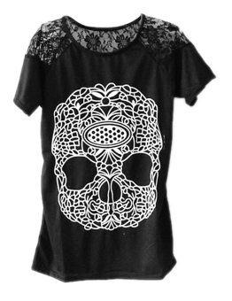 ZigZagZong Skull Head Lace Patchwork Women's Graphic Short Sleeve T-shirt Top Tee Black (Intl)  