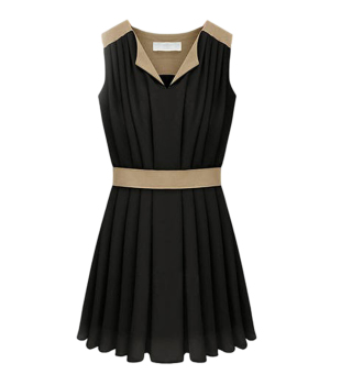 ZigZagZong Sleeveless V Neck Women's Pleated Dress Sundress Color Block Black (Intl)  