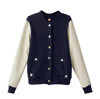 ZigZagZong Women's Varsity PU Sleeve Baseball Jacket Navy Blue (Intl)  