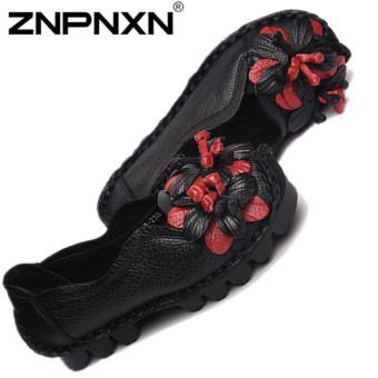 ZNPNXN Women's Fashion Flower Shoes Genuine Leather Shoes Loafers Shoes (Black)  