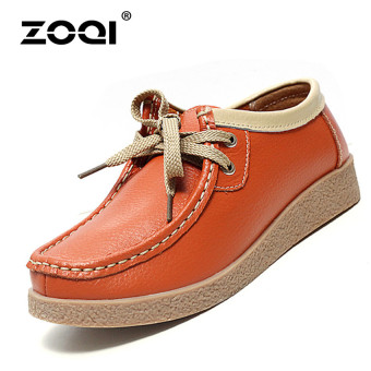 ZOQI Summer Woman's Flat Brogues Lace-Ups Genuine Leather Casual Comfortable Shoes (Orange)  
