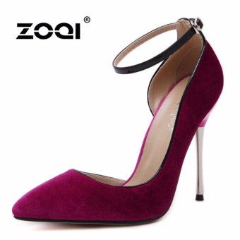 ZOQI Women's Fashion Velvet Sharp Spike Shoes Buckle Sexy High-heeled Shoes Single Shoes (Red) - intl  