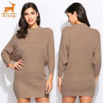 Zrong Fashion Women 3/4 Batwing Sleeve Half Turtleneck Pullover Loose Solid Mini Sweater Dress (Khaki) - intl  