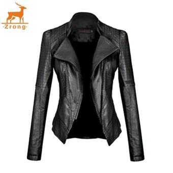 Zrong Women Fashion Long Sleeve Slim Fitted Zip-up Faux Leather Biker Jacket (Black)??? - intl  