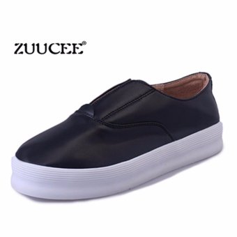 ZUUCEE 2017 spring and summer new flat shoes fashion casual women's singles shoes British wind leather shoes round shallow mouth Carrefour shoes(black) - intl  