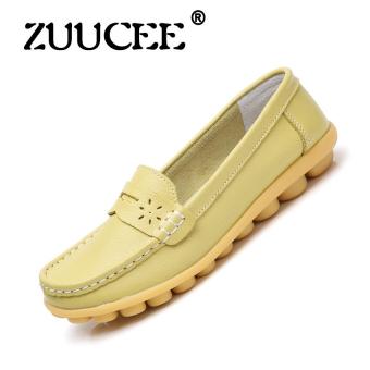ZUUCEE Spring and summer new Doudou shoes female leather shallow mouth round with the soft base leisure mother driving feet large size?guolv?  