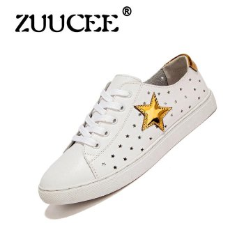 ZUUCEE Spring and summer new stars hollow female fashion breathable leather lace with small white shoes leisure?gold?  