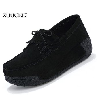 ZUUCEE Women's shoes spring and autumn leather tassel thick bottom matte women's shoes increased slippery cake shoes (black) - intl  