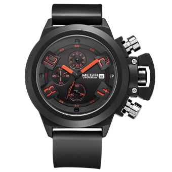 [100% Authentic] MEGIR 2002 Male Quartz Watch 30M Water Resistance Silicone Band black + Free Watch Box  