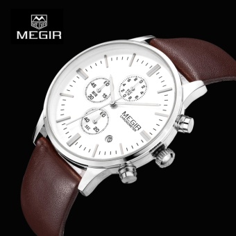 ?100% Genuine?MEGIR Mens Watches Casual Brown Leather Strap Waterproof Chronograph Quartz Wrist Watch - intl  