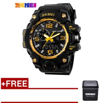 [100% Genuine]SKMEI 1155 Fashion Men Digital LED Display Sport Watches 50M Waterproof Dual Display Quartz Wristwatches with Box - Gold  