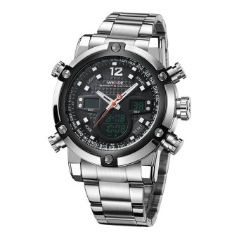 [100% Genuine]WEIDE Sport Watch Luxury Brand Dual Time Zone Black LCD Dial Alarm Steel Strap Quartz Digital Military Men Wristwatch 5205 - intl  