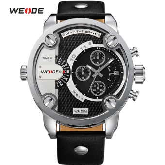 [100% Genuine]WEIDE Watches Men Luxury Brand Leather Strap Quartz Dual Time Analog Date Sport Military Oversize Men Wristwatches  