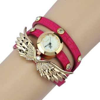 1PC Vintage Leather Strap Angel Wings Rivet Bracelet Watches Wristwatch -Rose red - intl  