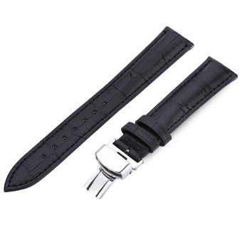 22MM Leather Watch Strap Butterfly Clasp Band (BLACK)  