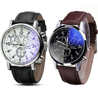 2PC Luxury Fashion Faux Leather Mens Blue Ray Glass Quartz Analog Watches - intl  