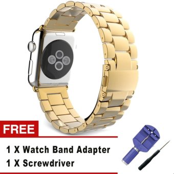 3 Pointers Solid Stainless Steel Metal Replacement Watchband Bracelet with Double Button Folding Clasp for Apple Watch iWatch 38mm (Gold)  