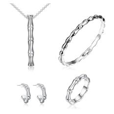 360DSC Platinum Plated Bamboo Necklace Earrings Ring Bracelet Women Fashion Jewelry 4Pcs Set AKS025 - intl