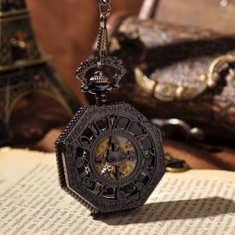 AILANG Cool Black Steampunk Watch Big Arabic Number Hollow Cross Design Vintage Cut-out Cool Silver Mechanical Pocket Watch PW303 (Black) - intl  