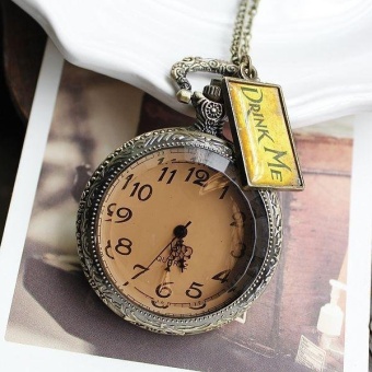 akerfush Women's pocket watch vintage large wedding gift Alice's wonderland drink me coffee tea pendant necklace (as pic) - intl  