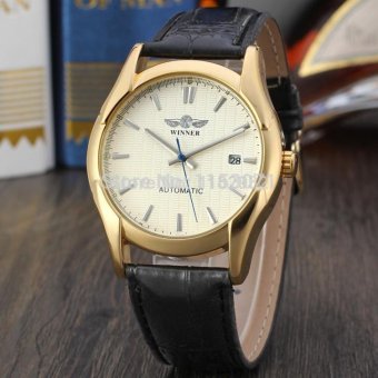 Automatic Men Gold Wristwatch Black Leather Strap Mechanical Watch - intl  