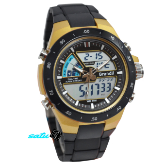 Brandli AD330DT Jam tangan pria-dualtime-rubber strap-hitam gold  