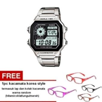 Casio Digital AE-1200WHD-1AVDF - Jam Tangan Pria - Silver - Stainless Band+ Free 1pc kacamata Korea style - warna random termasuk kotak dan lap kacamata  