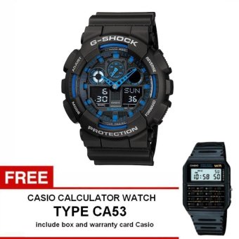Casio G-shock GA-100-1A2 - Jam Tangan Pria - Hitam - Resin + Free Casio Calculator Watch CA53  