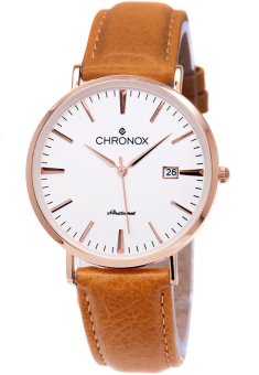 Chronox 1002 Brown Leather White Rose Gold - Jam Tangan Pria Analog CX-1002B1M  