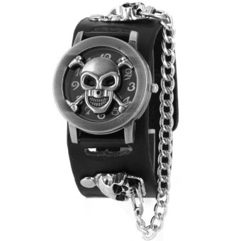 Cocotina Cool Women Men's Gothic Punk Rock Chain Skull Faux Leather Band Bracelet Cuff Wrist Watch – Black  