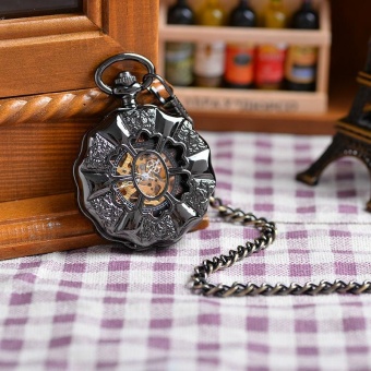 coobonf Wholesale Black Flower Shape Pocket Watch Vintage Mechanical Pocket Watch Souvenir Antiques Hand Wind Steampunk Watch (Black) - intl  