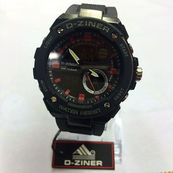 D-ziner Dual Time - DZ 8132 - Jam Tangan Sport Pria - Rubber Strap - Black Red Combi  