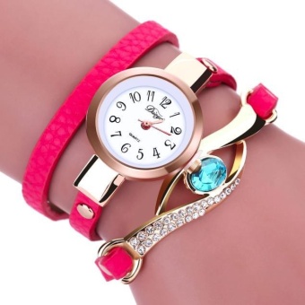 Fashion Women Diamond Wrap Around Leatheroid Quartz Wrist Watch Rose Pink - intl  