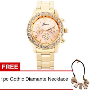 Geneva Jam Tangan Wanita Analog Diamond Wrist Watch - Gold + Gratis 1pc Gothic Diamante Women Necklace  