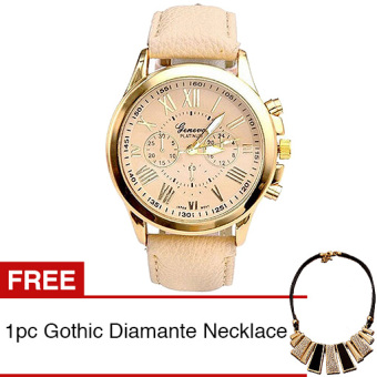 Geneva Jam Tangan Wanita Leather Watch - Beige + Gratis 1pc Gothic Diamante Women Necklace  