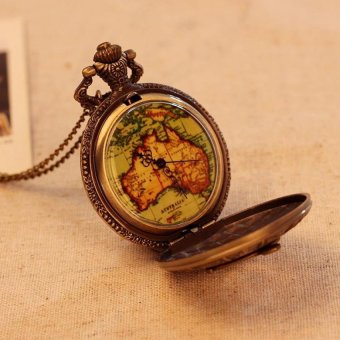 hatai Map Pattern Necklace Pocket Watch Antique Bronze Quartz AlloyPendant With Long Chain Retro Hot Sale (bronze) - intl  