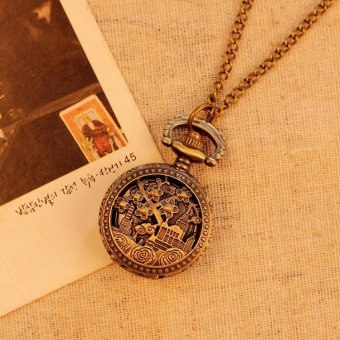 hazyasm Vintage Retro Pocket Watch Women Necklace Quartz Alloy Pendant With Long Chain Hollow Flower Building Decoration (bronze) - intl  