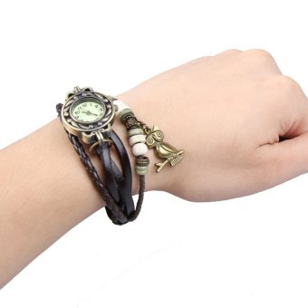 HDL Hot Bracelet Wrist Watch Braid Leather Watchband OwlPendant Deep Coffee - Intl  