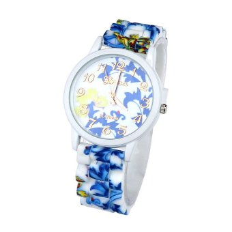 HKS 1PC Fashion Women Flower Printed Casual Quartz Silicone Watch Watches (Blue)  